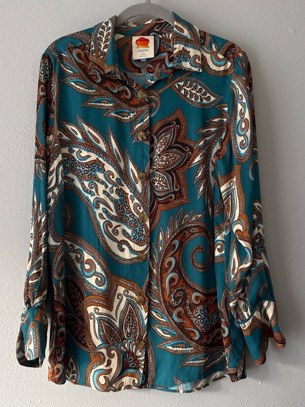 Farm Rio Paisley/leopard print button-down blouse